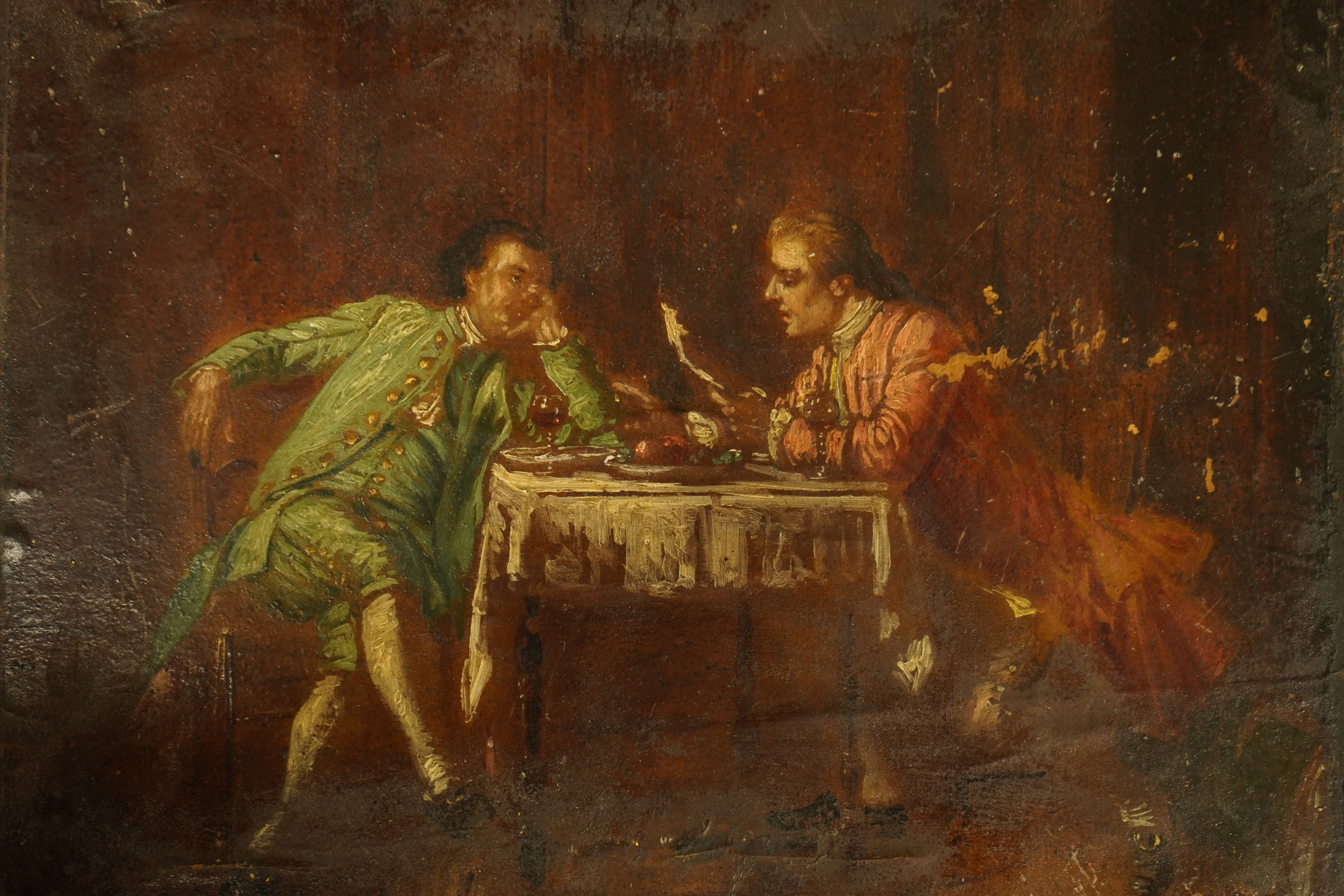 Joinville?, Interior scene with two gentlemen wearing Georgian dress, indistinctly signed lower right, oil on panel, unframed, 18 x 23cm